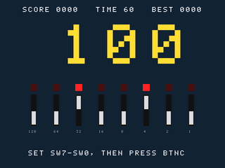 Binary Blitz (board only) on a Basys 3 FPGA (VGA screen)